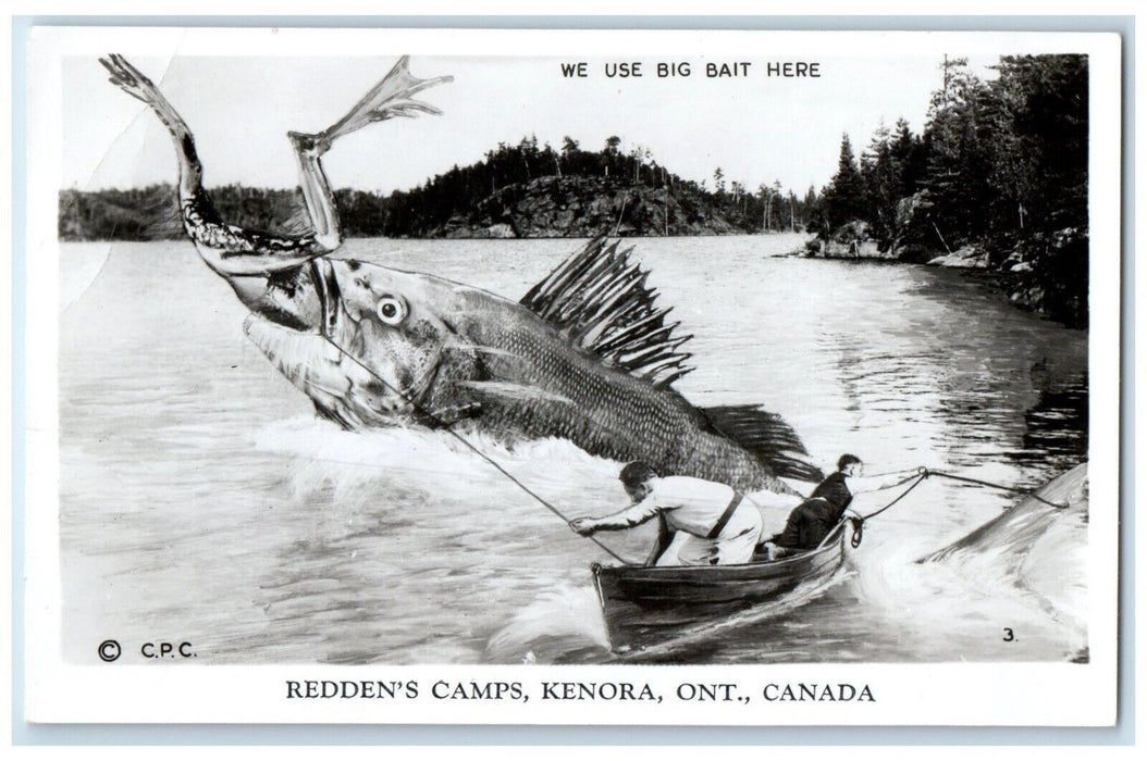 Redden's Camps Kenora Ontario Canada, Man Exaggerated Fish RPPC Photo Postcard