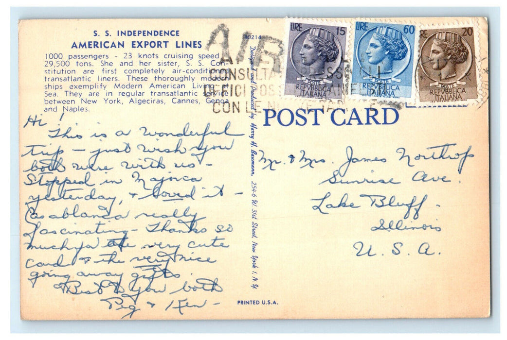 c1940s SS Independence American Export Lines Consulate Press, Air Stamp Postcard