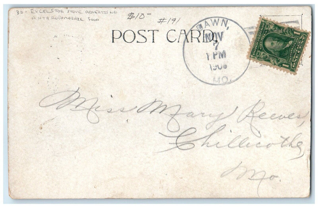 1906 Excelsior Stove Advertising Anthropomorphic Food Dawn MO Antique Postcard