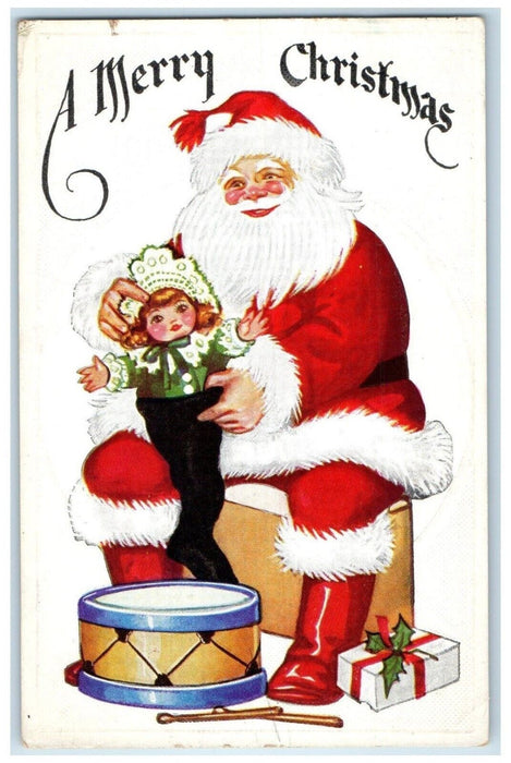 c1910's Christmas Santa Claus Putting Toys In Stocking Embossed Antique Postcard