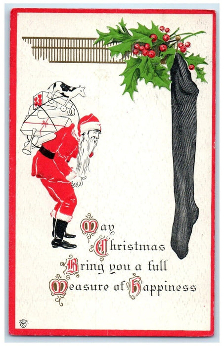 1911 Christmas Santa Claus Sack Of Toys Hanging Stocking Berries Posted Postcard