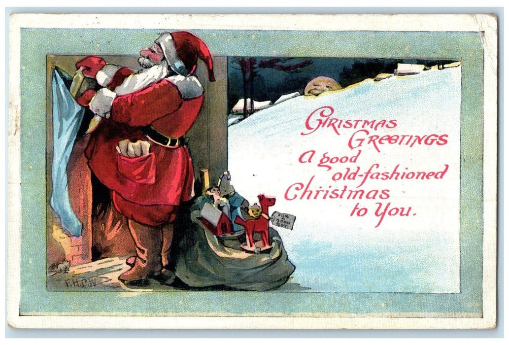 1921 Christmas Greetings Santa Claus Sack Of Toys Putting Toys Stocking Postcard