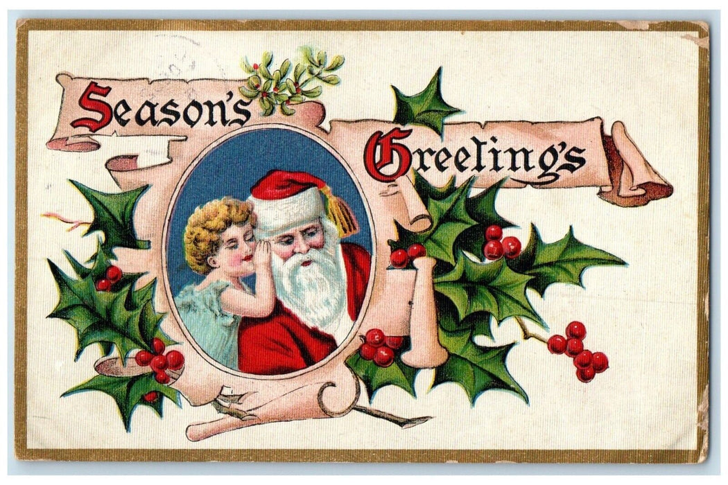 1909 Season's Greetings Santa Claus Holly Berries Embossed Antique Postcard