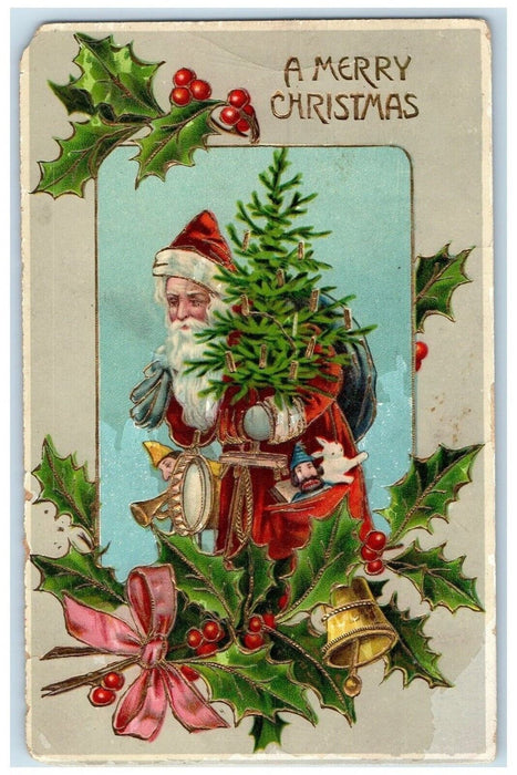 c1910's Christmas Santa Claus Sack Of Toys Berries Gel Gold Gilt Posted Postcard