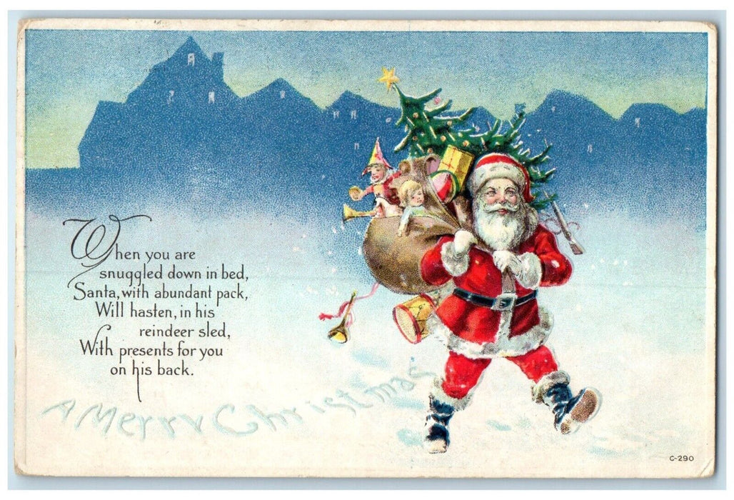 c1910's Merry Christmas Santa Claus Sack Of Toys Embossed Fremont NH Postcard