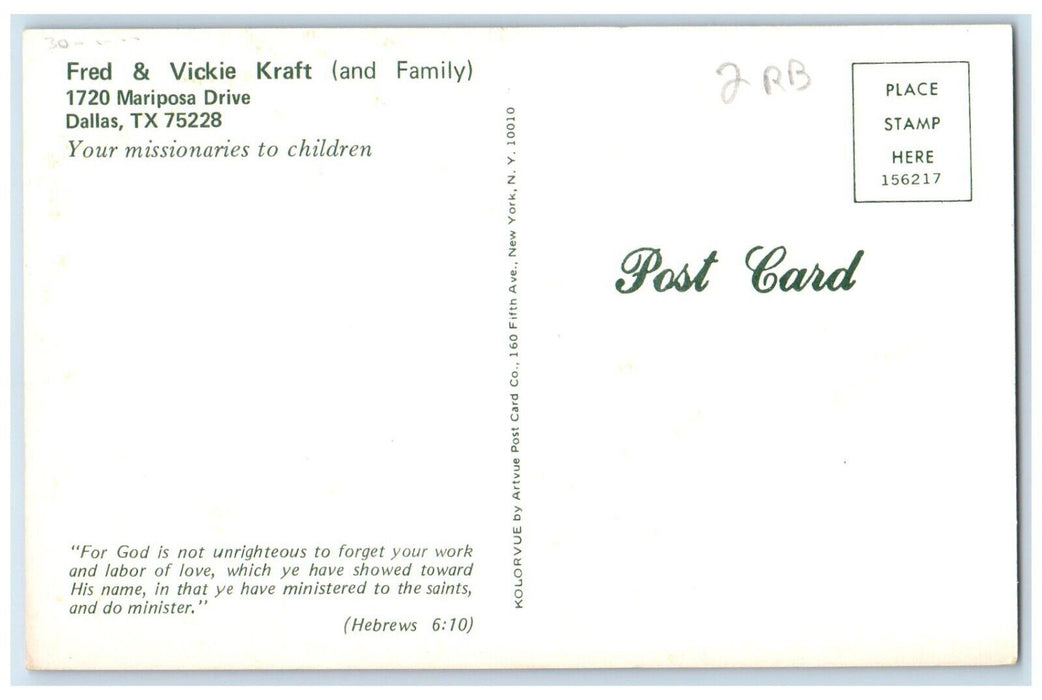 c1950's Christian Missionary Fred & Vickie Kraft Dallas Texas TX Postcard