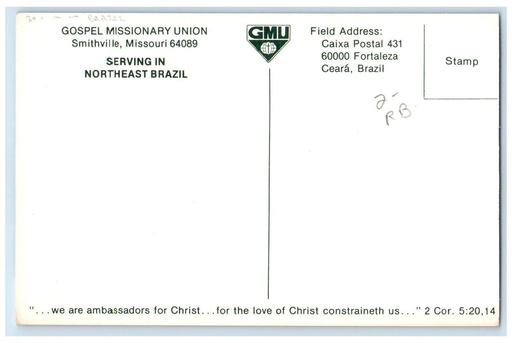 Christian Missionary Brazil Gospel Missionary Union Smithville MO Postcard