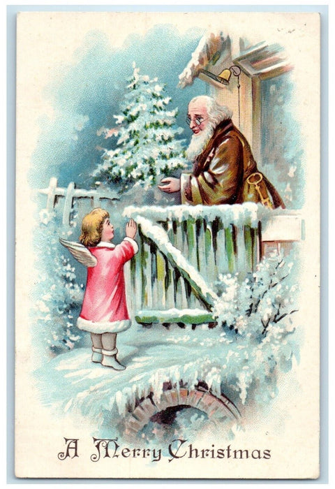 c1910's Christmas Brown Robe Santa Claus Winter Embossed Posted Antique Postcard