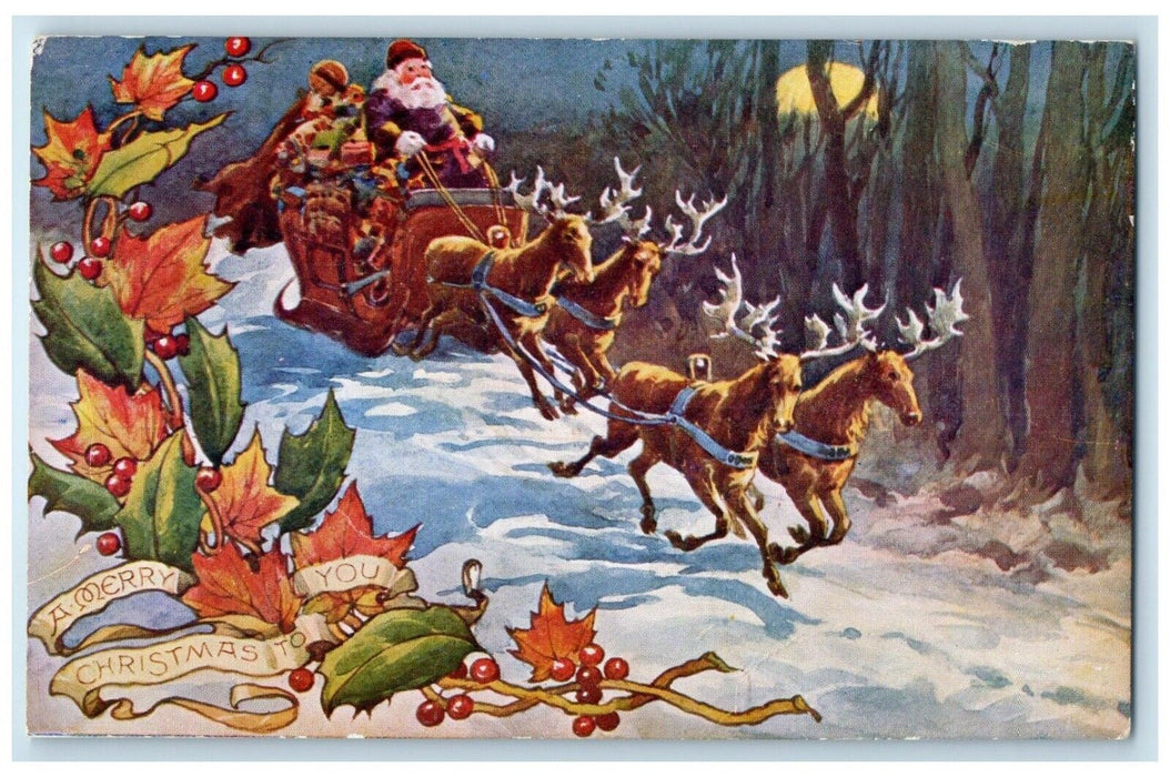 c1910's Christmas Santa Claus Deer Winter Holly Berries Posted Antique Postcard