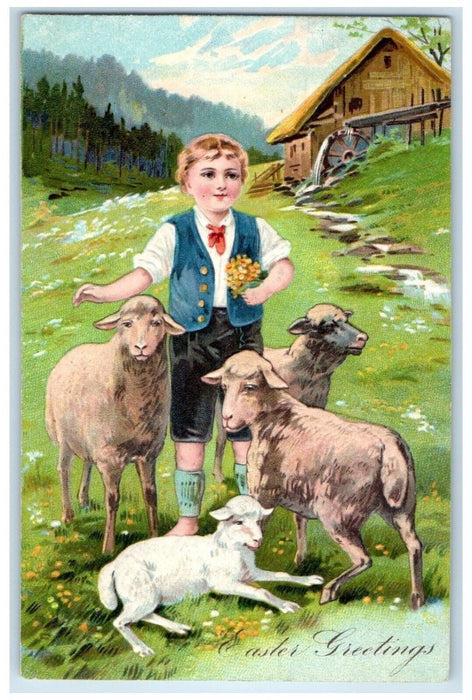 1905 Easter Greetings Boy Lamb Flowers Embossed Halifax NS Canada Postcard