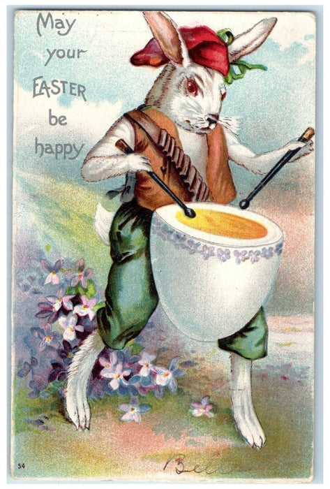 1907 Easter Anthropomorphic Rabbit Drummer Egg Worcester MA Clapsaddle Postcard