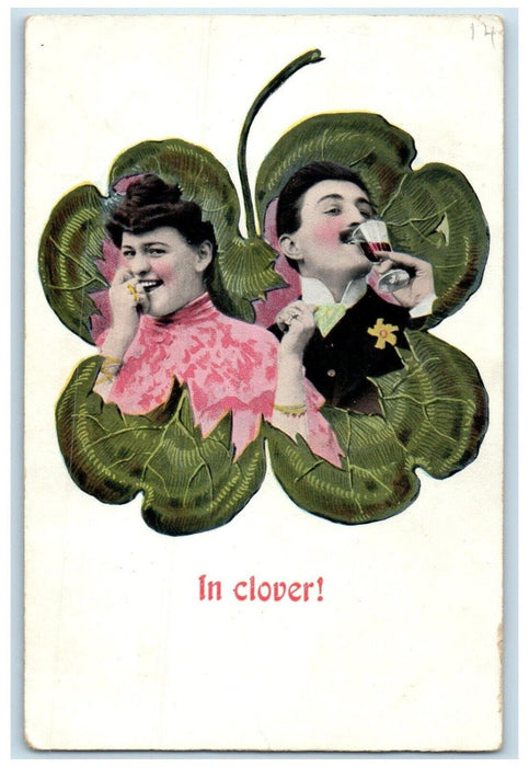 1908 Couple Romance In 4 Leaf Clover Drinking Champagne Ellinwood KS Postcard