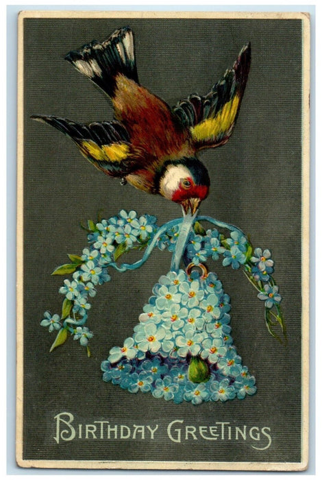 1915 Birthday Greetings Bird Ringing Bell Covered Pansies Embossed Postcard