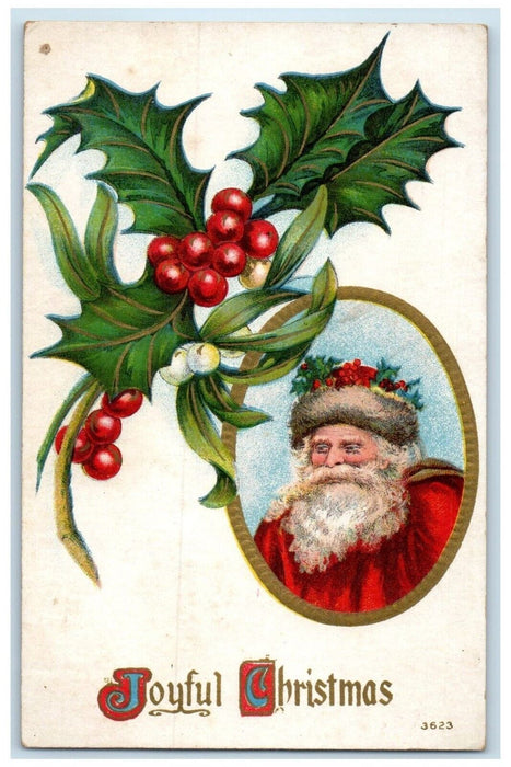 c1910's Christmas Santa Claus Holly Berries Embossed Winsch Back Posted Postcard