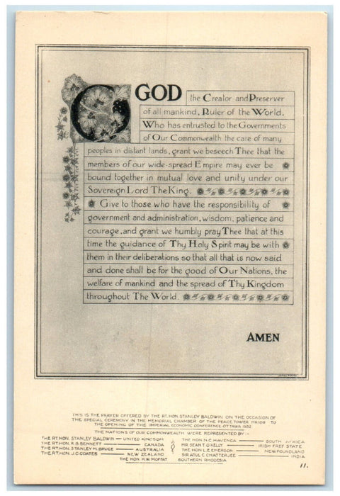 1932 Prayer Offered By R. Hon. Stanley Baldwin Ottawa Canada Postcard