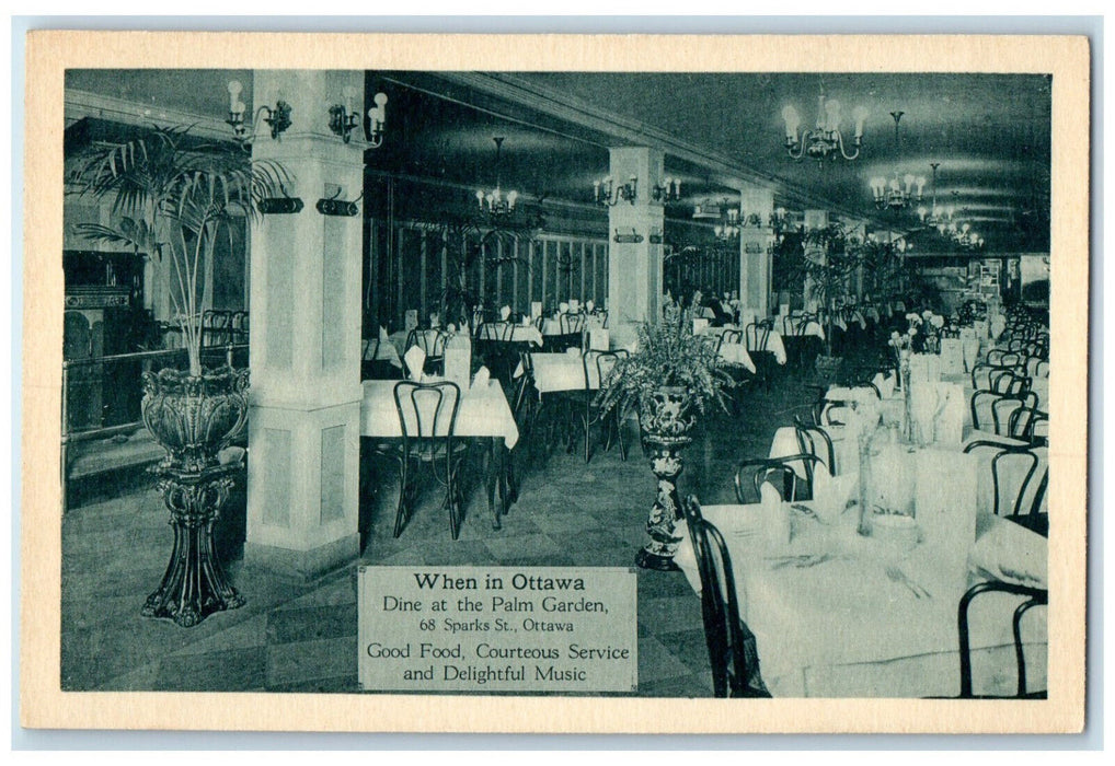 c1920's Palm Garden Dining Area Ottawa Ontario Canada Antique Postcard