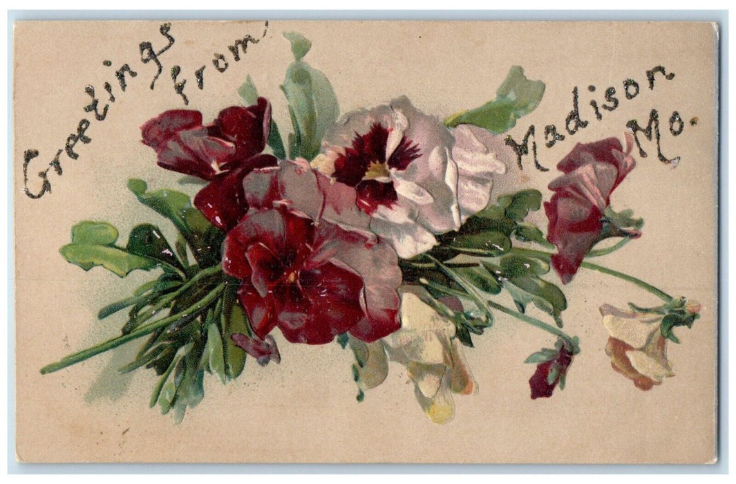 c1910 Greetings From Flower Glitter Embossed Madison Missouri Vintage Postcard