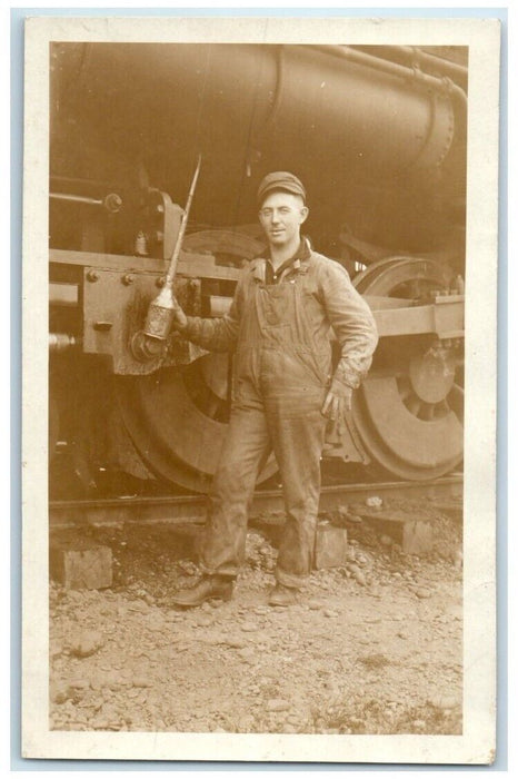 c1918 Oil Can Harry Railroad Train Worker Occupational RPPC Photo Postcard