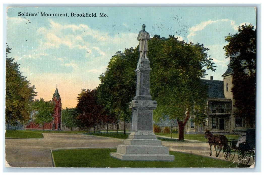 1914 Soldiers Monument Statue Sculpture Exterior Brookfield Missouri MO Postcard