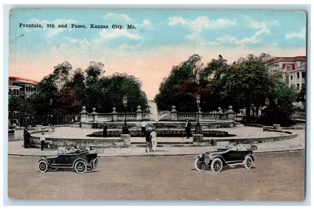 c1910 Fountain 9th Paseo Classic Cars Exterior Kansas City Missouri MO Postcard