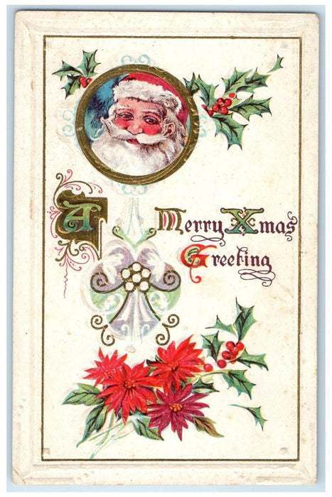 c1910's Christmas Greetings Santa Claus Berries Poinsettia Flowers Postcard