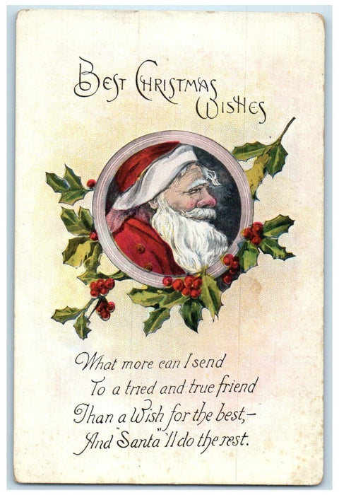 1921 Christmas Wishes Old Santa Claus Holly Berries Posted Vintage Postcard