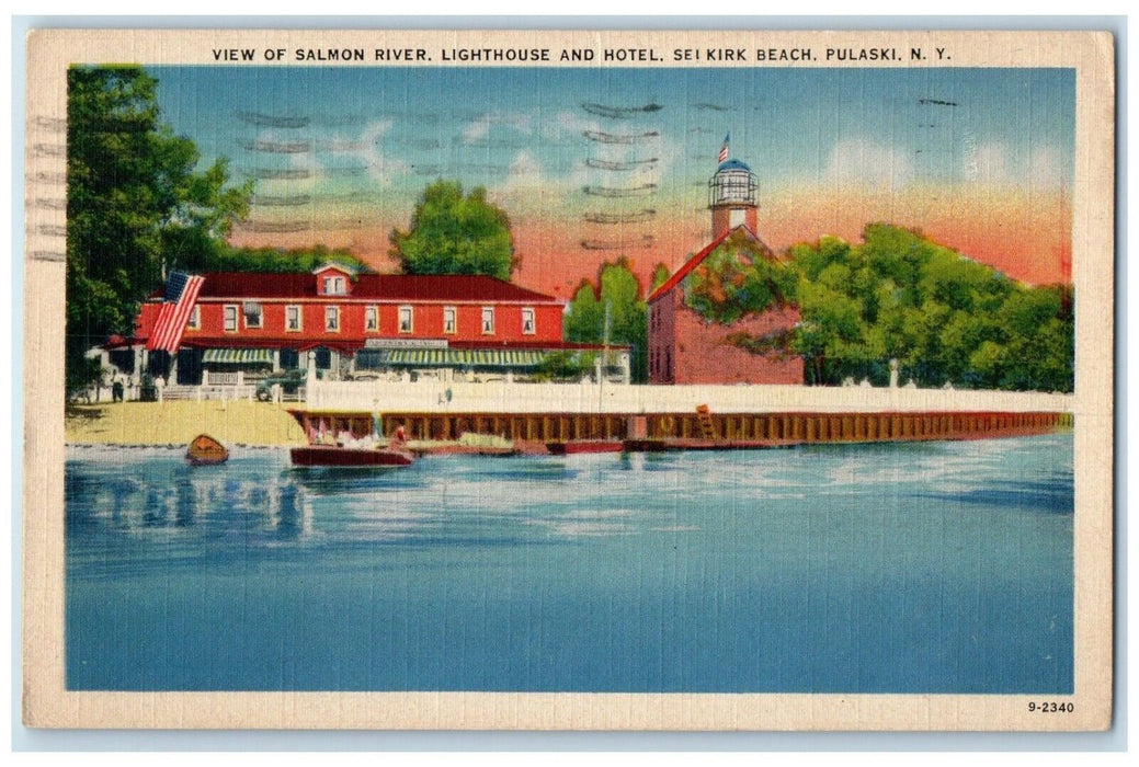 1943 View Salmon River Lighthouse Hotel Sei Kirk Beach Pulaski New York Postcard