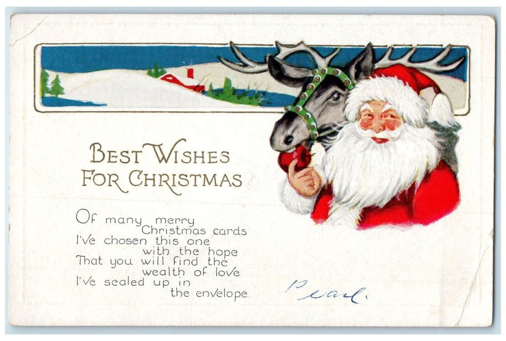 c1910's Christmas Santa Claus Deer House Winter Embossed Antique Postcard