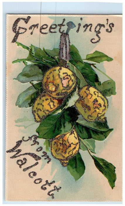 c1910 Greetings From Walcott Fruit Embossed Glitter Vintage Antique IA Postcard