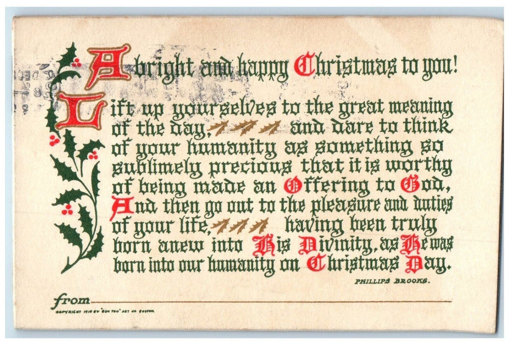 1912 Christmas Message Holly Berries Norwood Massachusetts MA Antique Postcard