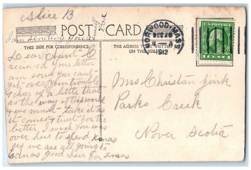 1912 Christmas Message Holly Berries Norwood Massachusetts MA Antique Postcard