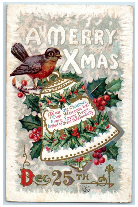 1914 Christmas Ringing Bells Holly Berries Song Bird Embossed Antique Postcard