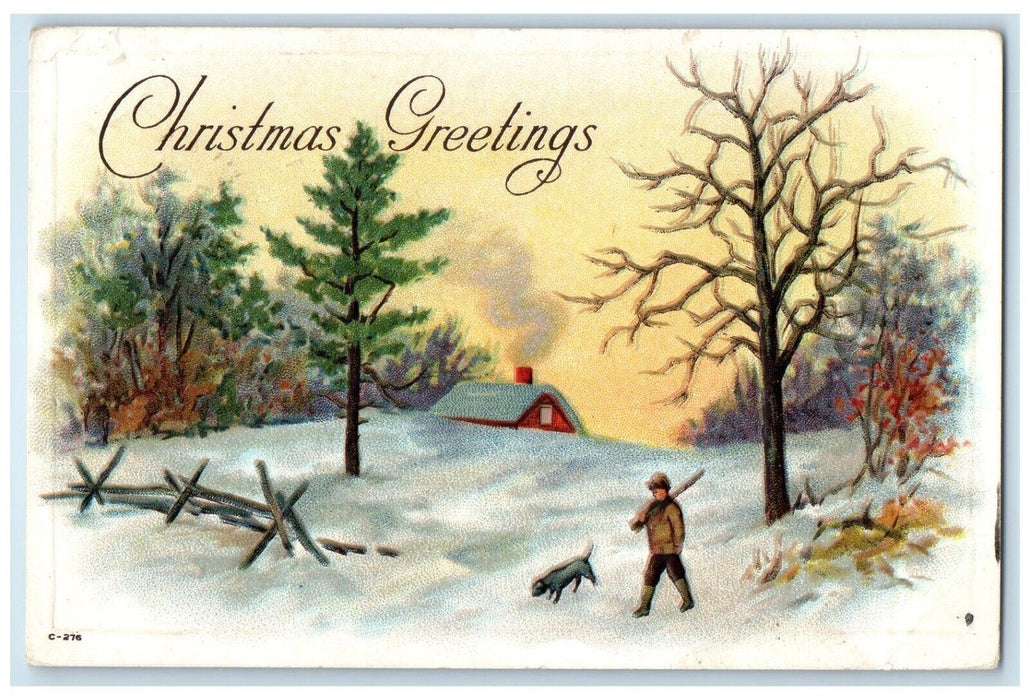 1912 Christmas Greetings Dog Hunting In Winter Embossed Posted Antique Postcard