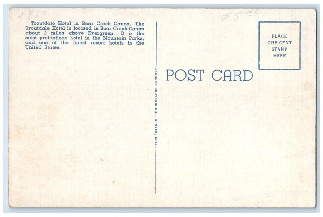 Troutdale In The Pines Evergreen Colorado CO, In Bear Creek Canon Postcard