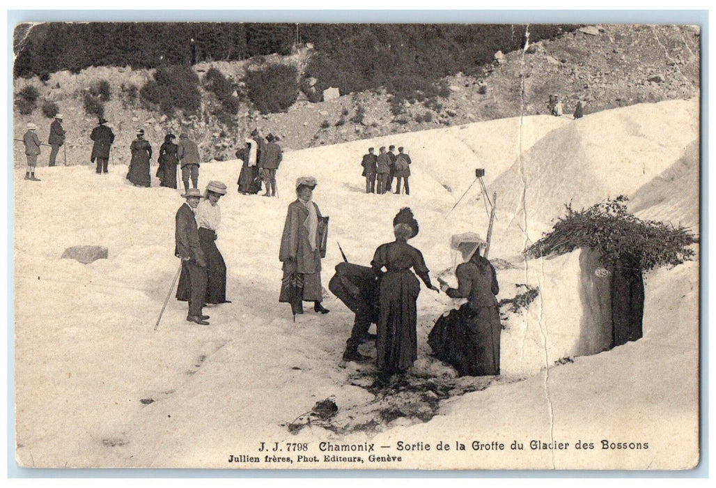 1909 Exit From The Bossons Glacier Cave Chamonix France Antique Postcard