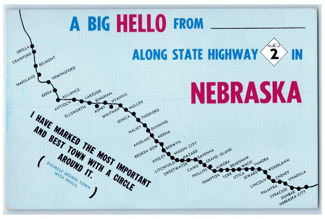 c1960 Hello Highway 2 Nebraska Pospeshil Card Service Orchard Nebraska Postcard
