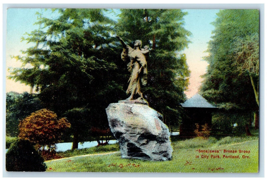c1910's Sacajawea Bronze Group In City Park Portland Oregon OR Antique Postcard