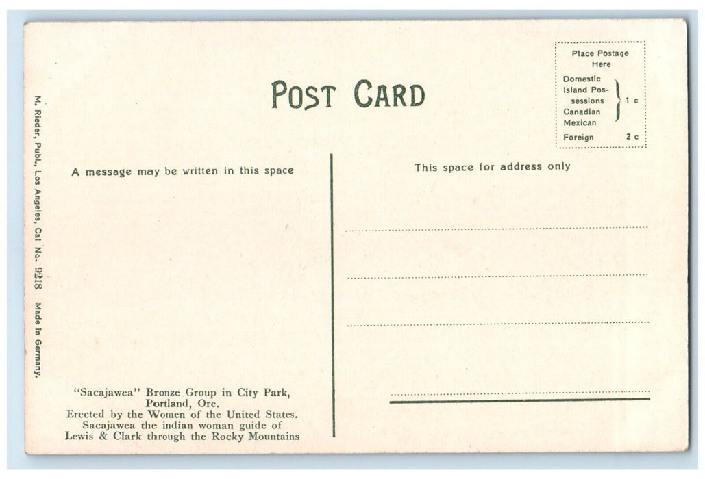 c1910's Sacajawea Bronze Group In City Park Portland Oregon OR Antique Postcard