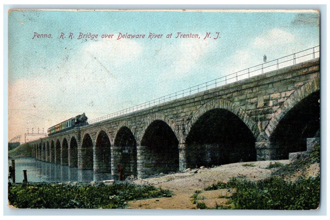 1907 Penna RR Bridge Delaware River Locomotive Train Trenton New Jersey Postcard