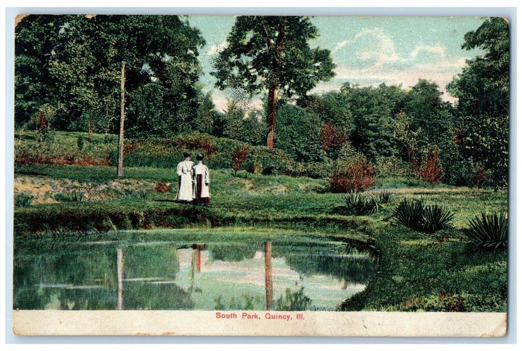 1907 Scenic View South Park Pond Trees Quincy Illinois Antique Vintage Postcard