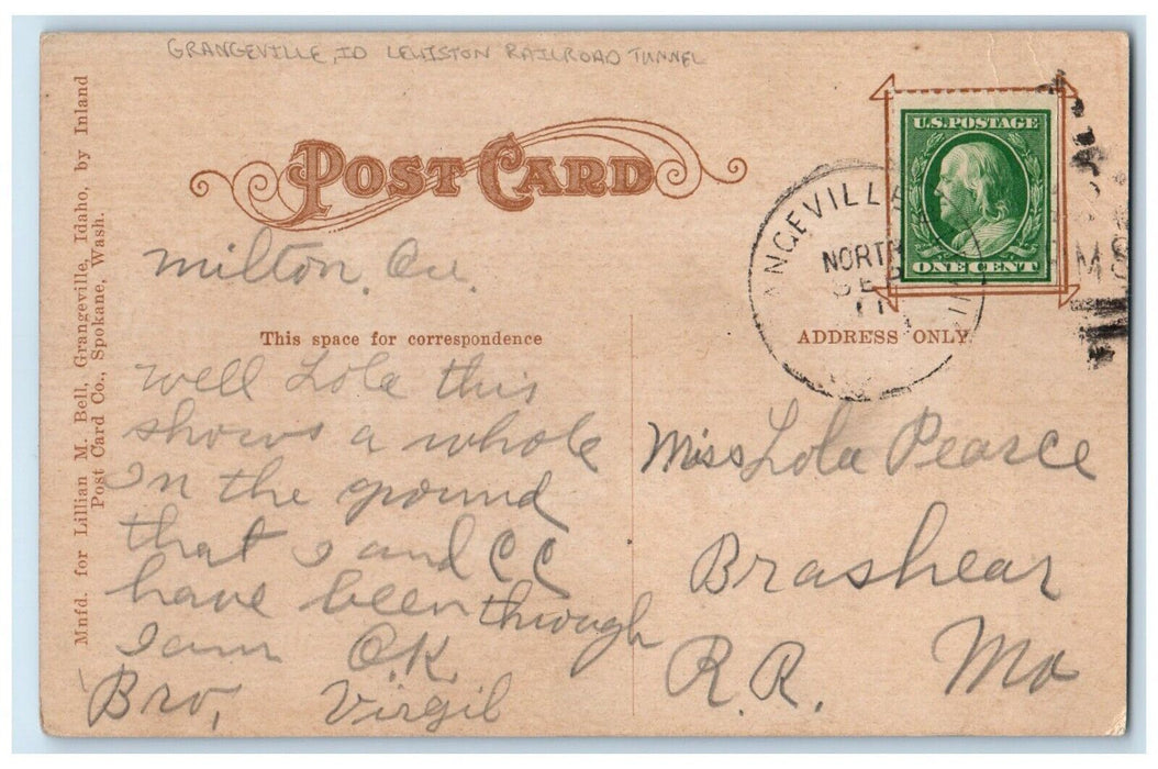 c1911 Looking Through Tunnel Lewiston Railroad Tunnel Grangeville Idaho Postcard