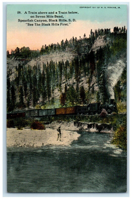 c1910 Train Above Train Below Spearfish Canyon Black Hills South Dakota Postcard