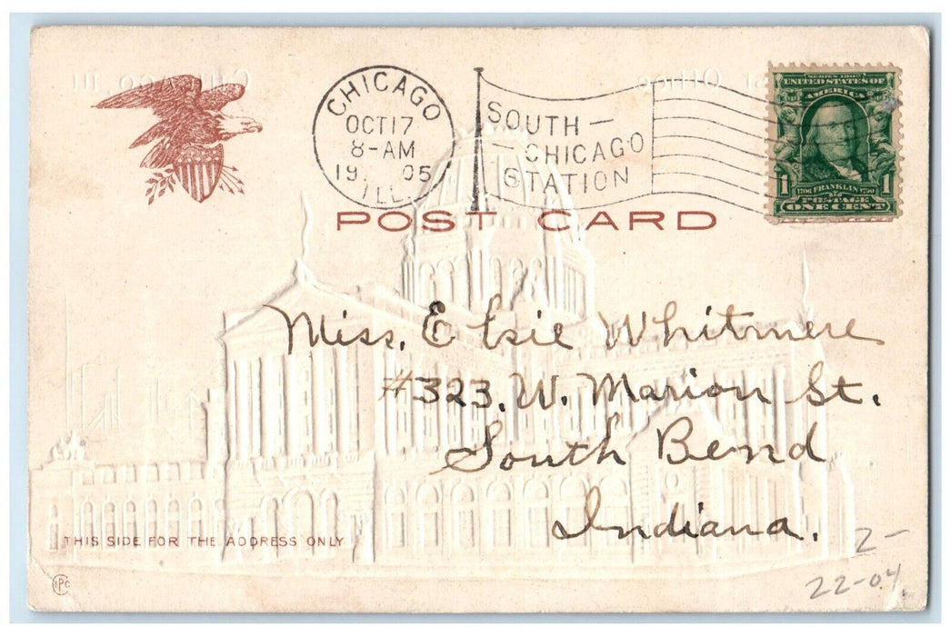 1905 United State Post Office Building Chicago Illinois Embossed Posted Postcard