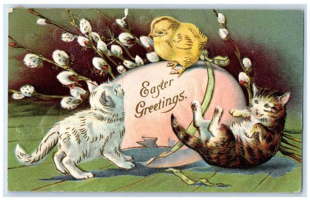 1908 Easter Greetings Egg Chick Cat Pipe Berry Embossed Winchester MA Postcard