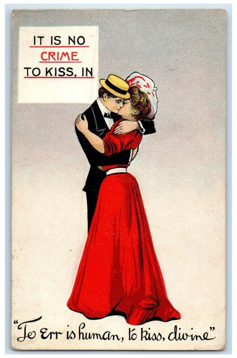 c1910's Couple Romance Kissing It Is No Crime To Kiss In Antique Postcard
