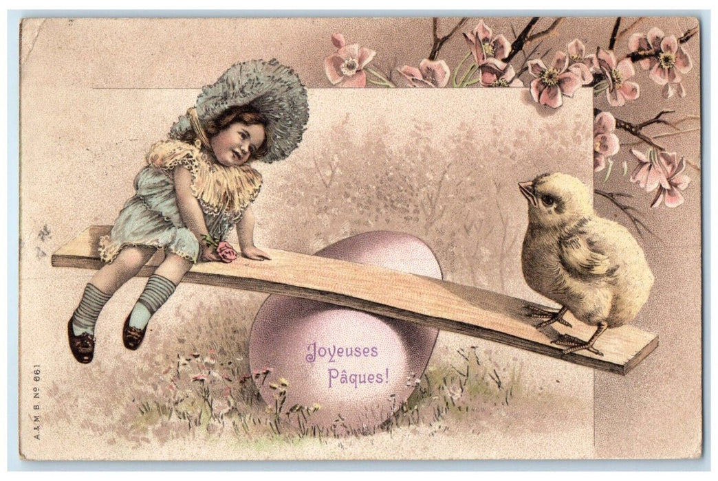 1908 Easter Little Girl And Chick See Saw Big Egg Flowers Viola IL Postcard