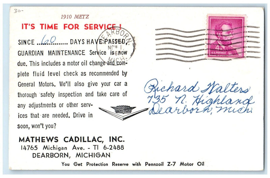 1910 Mathews Cadillac Inc. Car Dearborn Michigan MI Posted Antique Postcard