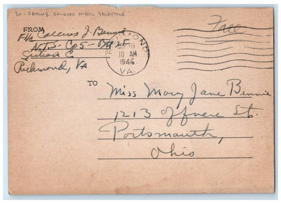 1946 Valentine Sailor Soldier Hammock Mail Richmond Virginia VA Vintage Postcard