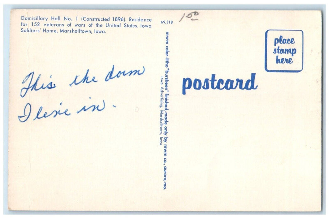 c1960 Domicillary Hall Residence Veterans Marshalltown Iowa IA Vintage Postcard
