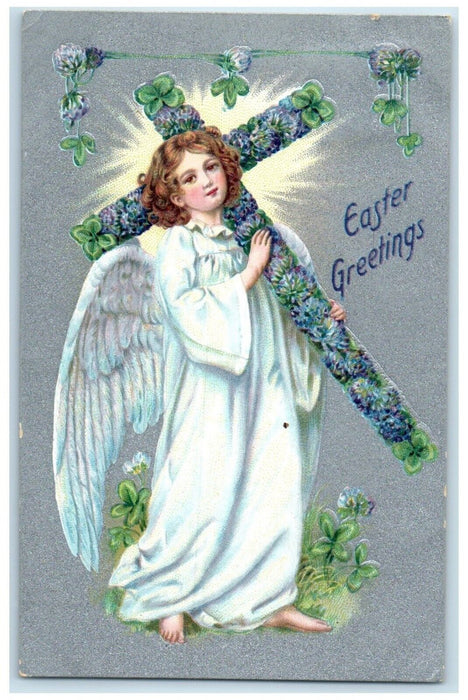 1908 Easter Greetings Holy Cross Angel Shamrock Tuck's Embossed Antique Postcard
